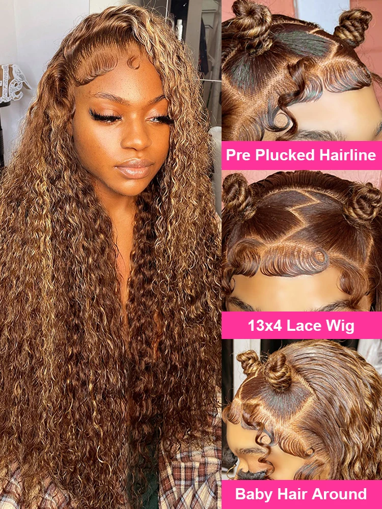 Highlight Ombre Water Wave 13x4 Lace Front Wig Glueless Human Hair Ready To Wear 4/27 Curly Honey Blonde 7x5 Preplucked No Glue