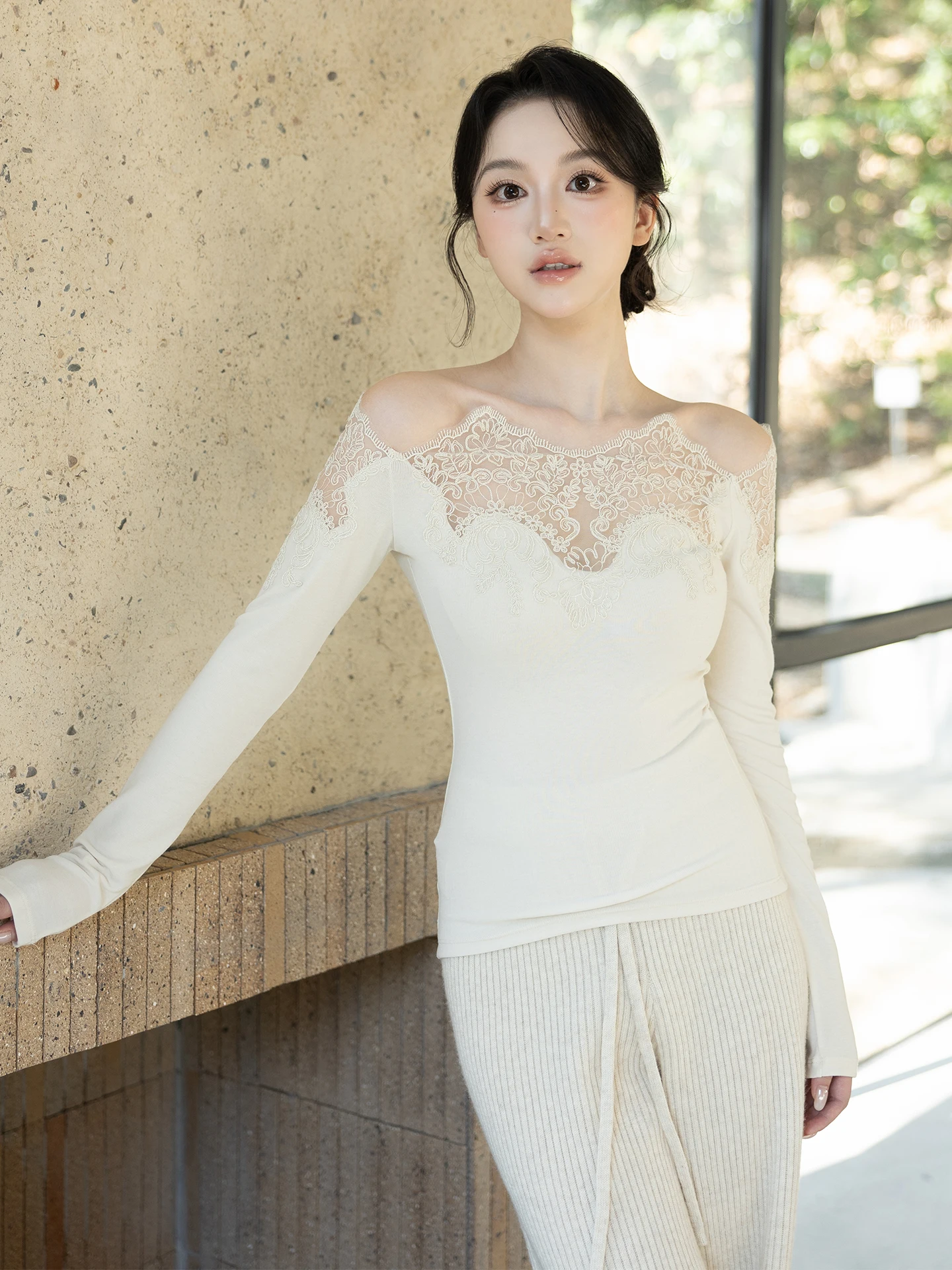 

SerioLudere Lazy Egg Girl Women's Lace One-oulder Base irt Pure Desire Design Versatile Inner Wear Winter Long Sve