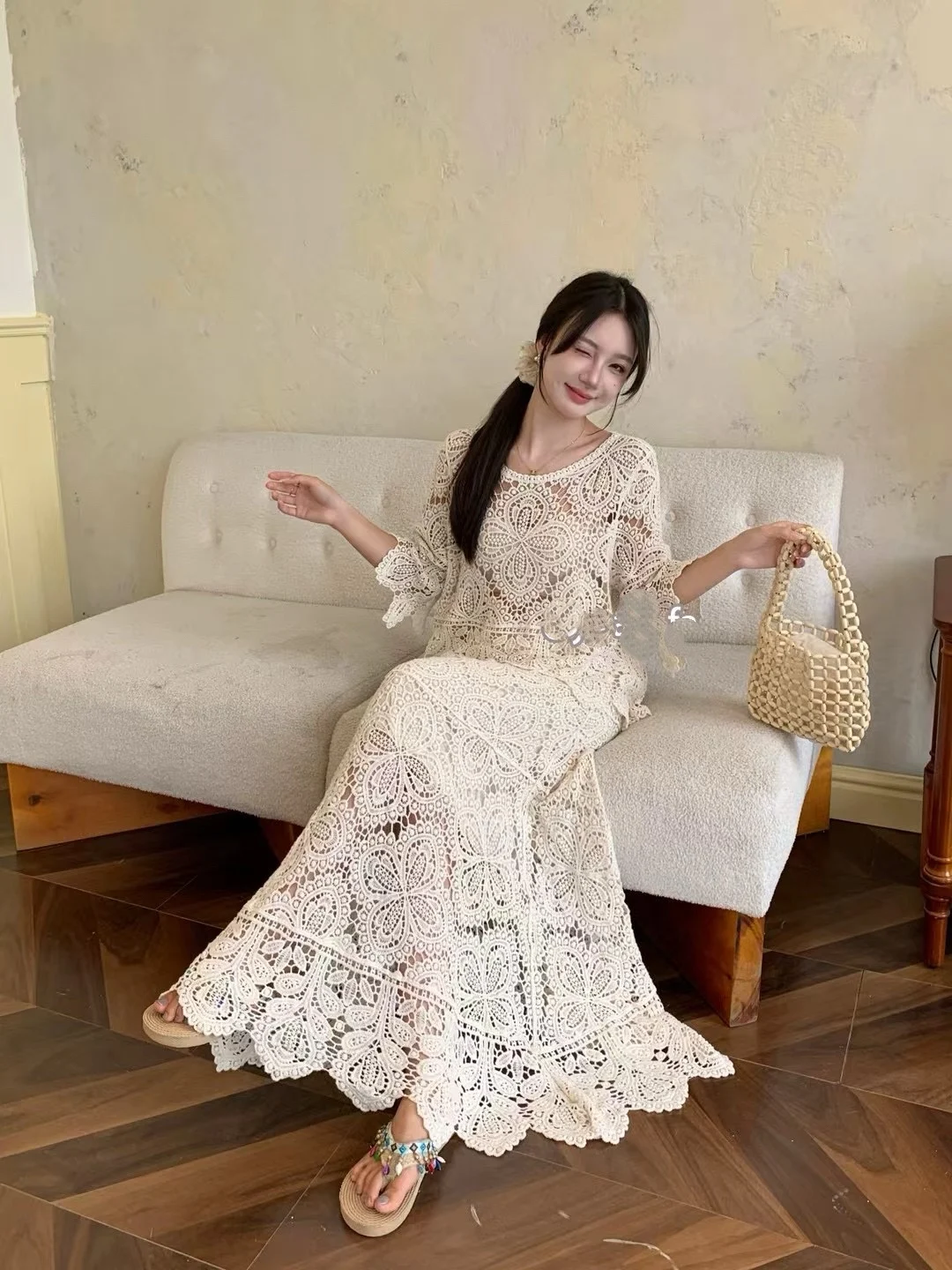 

Комплект из топа и юбки в богемном стиле из 100% хлопка с ажурной кружевной отделкой, короткими рукавами и высокой талией, А-силуэт, для женщин