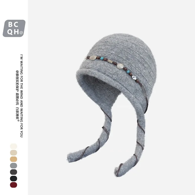 Japanische Nischen-Perlenmütze im Ethno-Stil, gestrickte Pullover-Mütze für Winterwärme und künstlerischen Ohrenschutz, Bombermützen für Damen – Detail 4