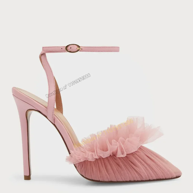 Pink Air Mesh Decor Crystal Pumps Sandals Pointed Toe Thin High Heel Shoes for Women Heel Shoes on Heels Zapatos Para Mujere