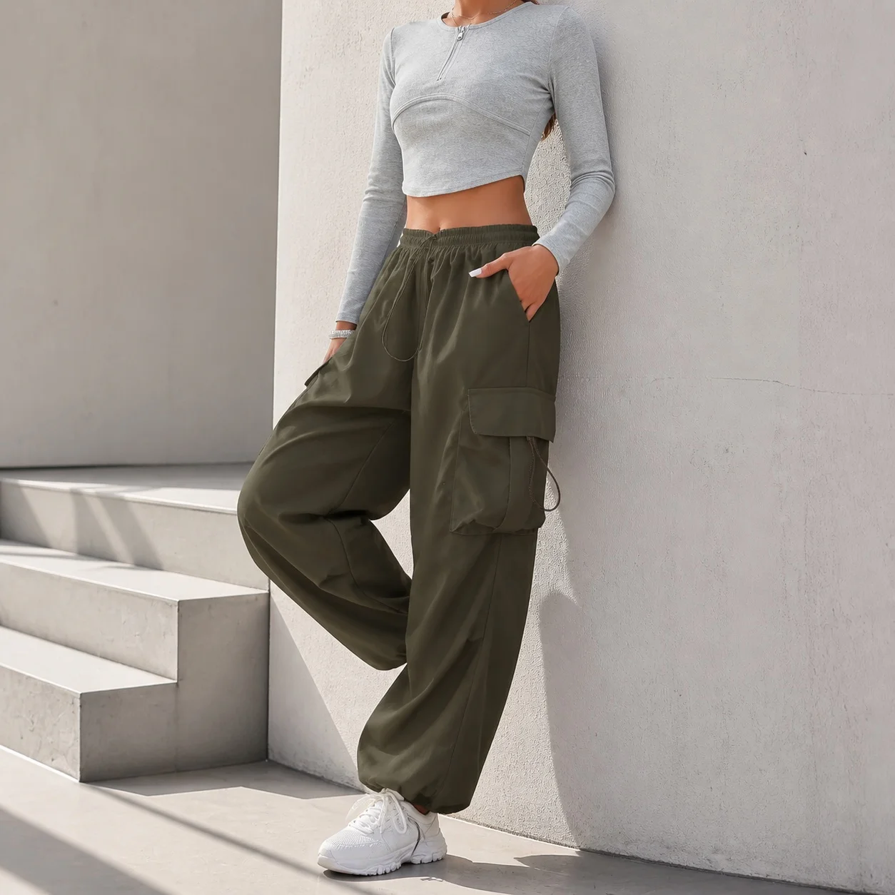 Damen Y2K Cargo-Hose, mittlere Taille, Kordelzug, gerade Beine, lange Taschen, Streetwear, Damenkleidung, Frauenbekleidung.