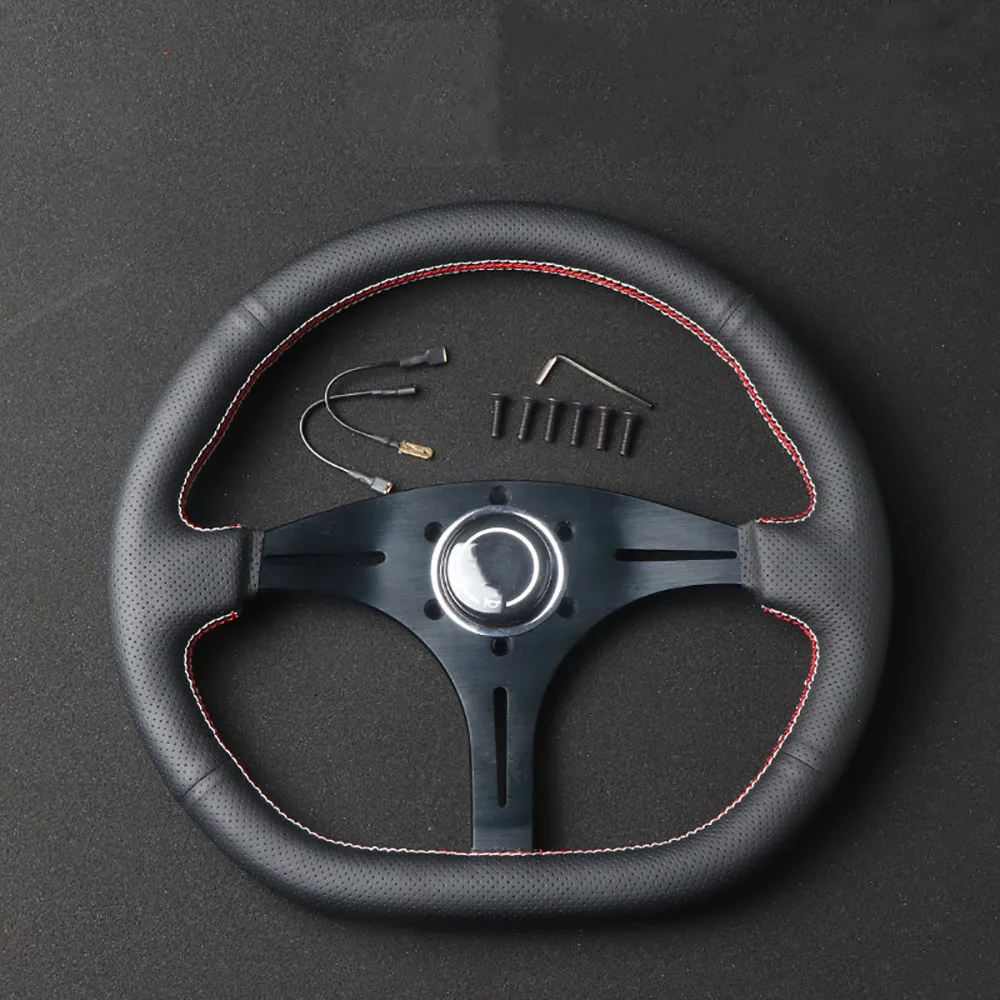 

Modification 14 Inch 350MM Black Double Line Steering Wheel Universal Flat Leather Steering Wheel Accessory