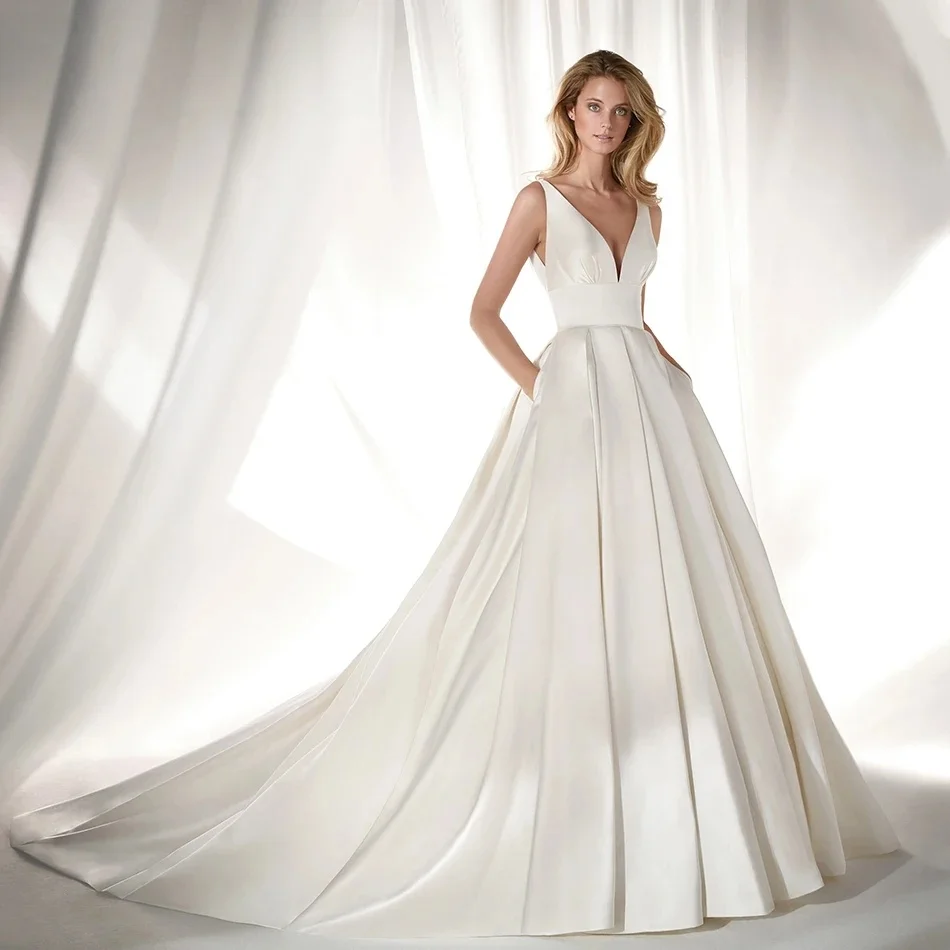 

Backless Wedding Dresses A-line V-neck Satin Dubai Saudi Arabia Israel Bridal Gowns Vestido De Novia Customized