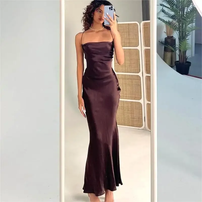 GIOIO Damen-Sommer-Satin, rückenfrei, mit Schnürung, sexy Abendkleid, elegant, lang, Abschlussball, Party, 2024, Damen