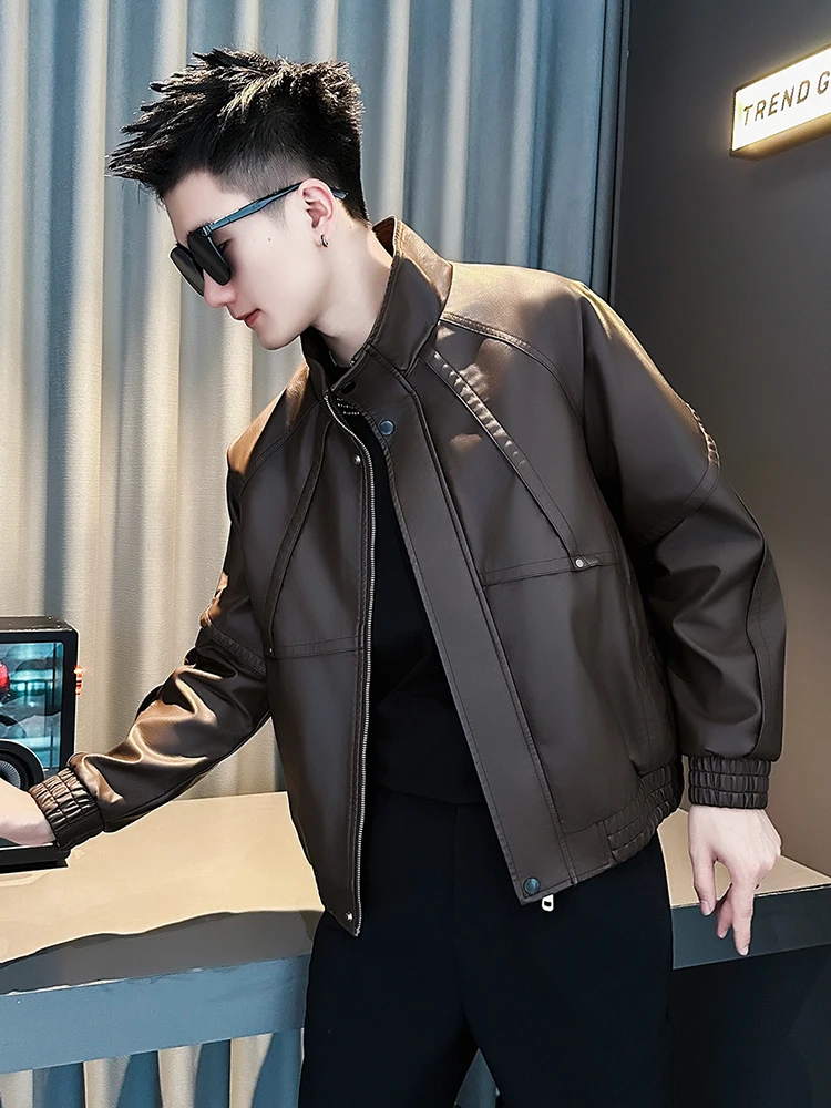 

Мужская кожаная куртка премиум-класса с воротником-стойкой, осенне-зимний модный брендовый топ из искусственной кожи в стиле пэчворк для молодежи