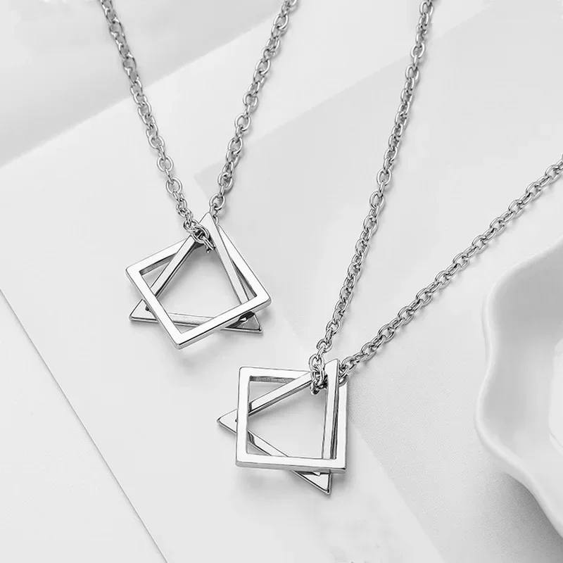 Collares Con Colgante Trendy Interlocking Square Triangle Pendant For Men Geometric Stacking Streetwear Hip Pop Rock Necklace