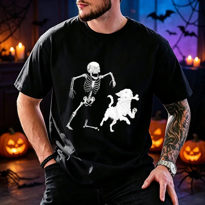 Lustiges Halloween-T-Shirt für Herren, Skelett-Laufhund-Grafik, T-Shirts mit kurzen Ärmeln, lässige Oberteile, gruseliger Humor, Streetwear, Herrenbekleidung – Detail 5
