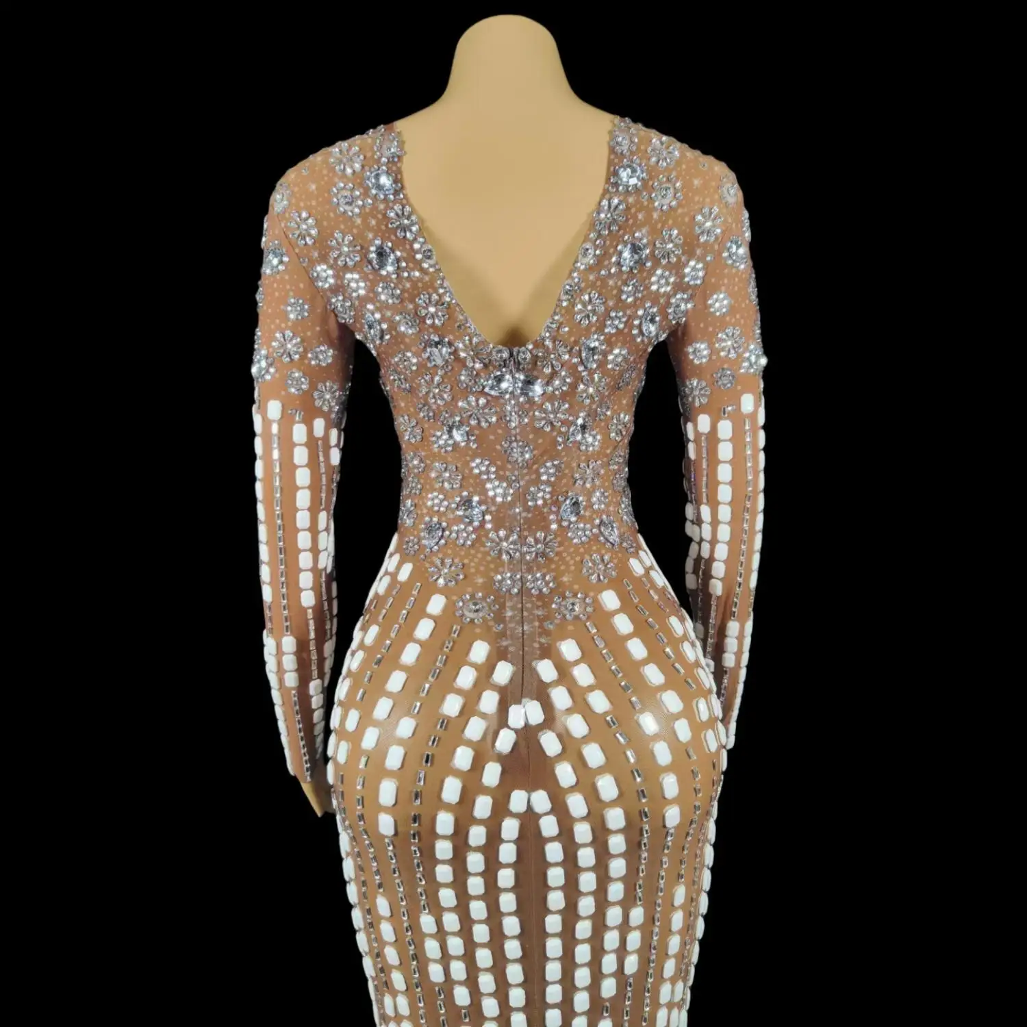 Vestido largo de lentejuelas brillantes con diamantes de imitación blancos para mujer, vestido transparente para boda, fiesta de cumpleaños, celebración, espectáculo de cantante, vestido de noche