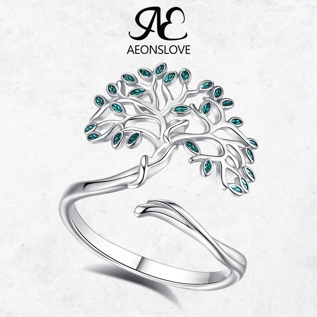 

AEONSLOVE 925 Sterling Silver Tree of Life Ring Adjustable Green Enamel Leaf Open Band Spiritual Jewelry Party Gifts for Women