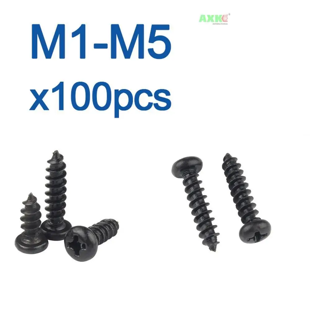 100 Pcs/Lot Cross Round Head Phillips Self-tapping Screw M1 M1.2 M1.4 M1.5 M1.7 M2 M2.3 M2.6 M3 M3.5 M4 M5 Black Carbon Steel