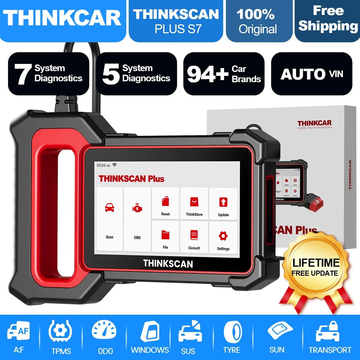 5PCS THINKCAR Thinkscan Plus S7 OBD2 Scanner Auto Diagnostic Tools Transmission /ABS/SRS Diagnosis Code Reader Automotive Free