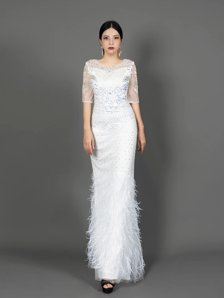 Luxury Mother Of The Bride Dress With Sequin Beaded Feather Design Guest Wedding Dress Party Formal Occasions M127