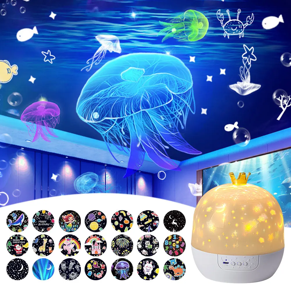 Star Projector with Music Rotatable Crown Night Light 15/21 Projection Theme Atmosphere Light 3 Light Modes for Children Bedroom