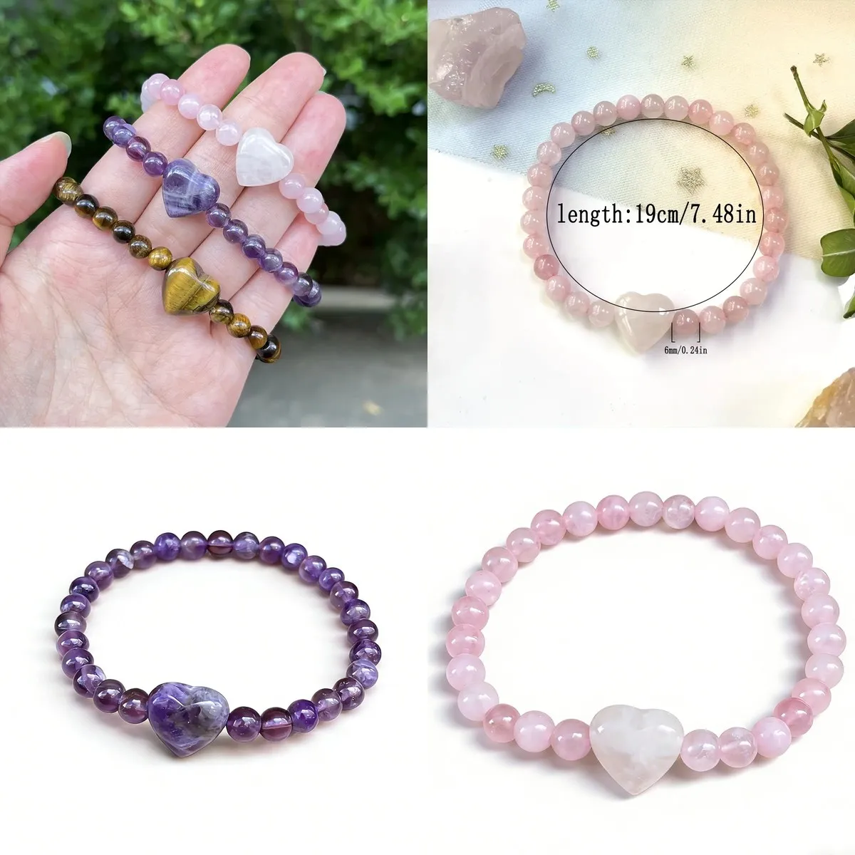 Bracelet en perles d'améthyste violette pour femme – Bracelet en pierre naturelle en forme de cœur, bijoux tendance pour couples, style bohème