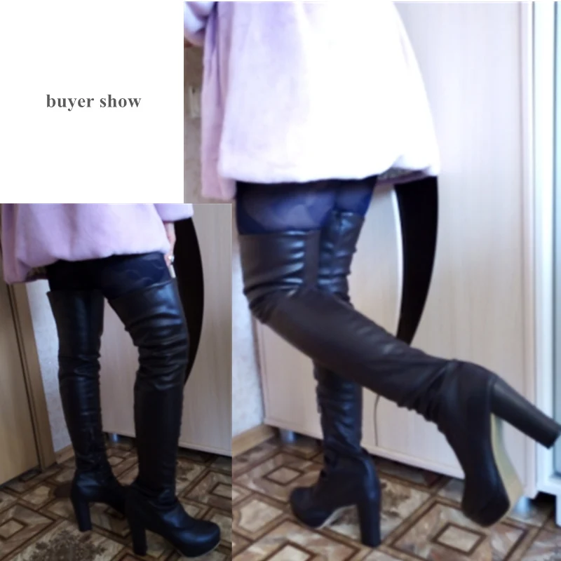 Black Women\'s Thigh High Boots Platform Sexy Soft Stretch Over-the-Knee Boot High Heels Designer Long Shoes Lady Large Size 48