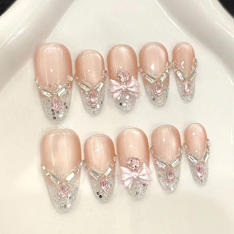 

30pcs Shimmering Cat-Eye Pink Diamond Press on Nails Bow Gradient Fake Nail Short Almond Fake Nail for Women&Girl Fasle Nail Art