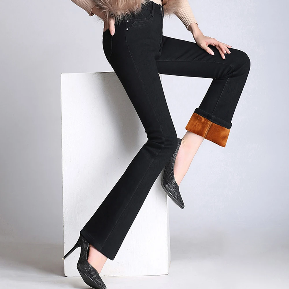 

Oversize High Waist Flared Jeans Women Plush Thicken Elastic Slimming Stretch Winter Warm Denim Jeans Hot Lining Velvet XT1447