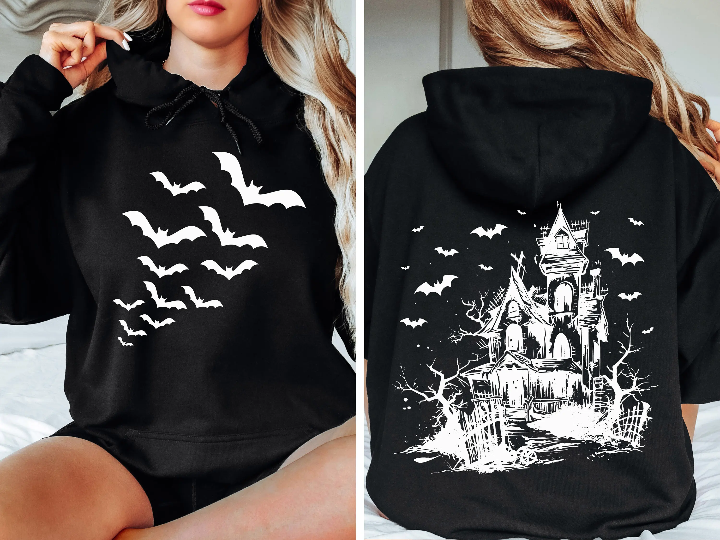 

Halloween Horror House Bats Print Hoodie Sweatshirt Women Long Sleeve Sweatshirt Pullover Tops Unisex Fashion Autumn Clothing
