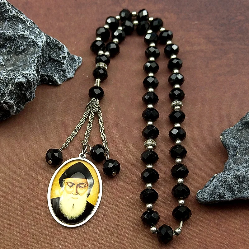 Colgante de coche con medalla de cristal de San Charbel de Iglesia Ortodoxa para mujeres y hombres, amuleto de Color dorado de acero inoxidable, cuentas de oración, regalo de joyería