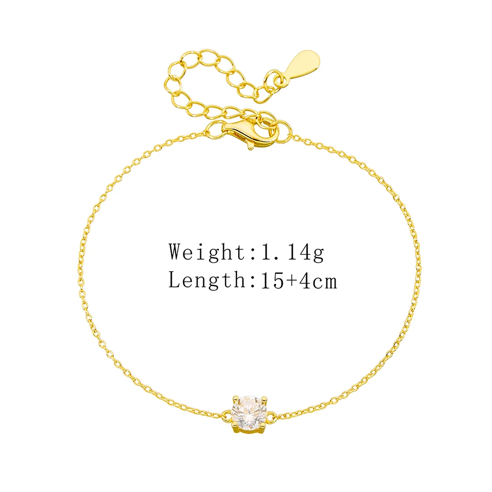 925 Sterling Silver Four Prong Round CZ Solitaire Adjustable Thin Cable Chain Bracelet Women Minimal Dainty Stacking Wrist Jewel