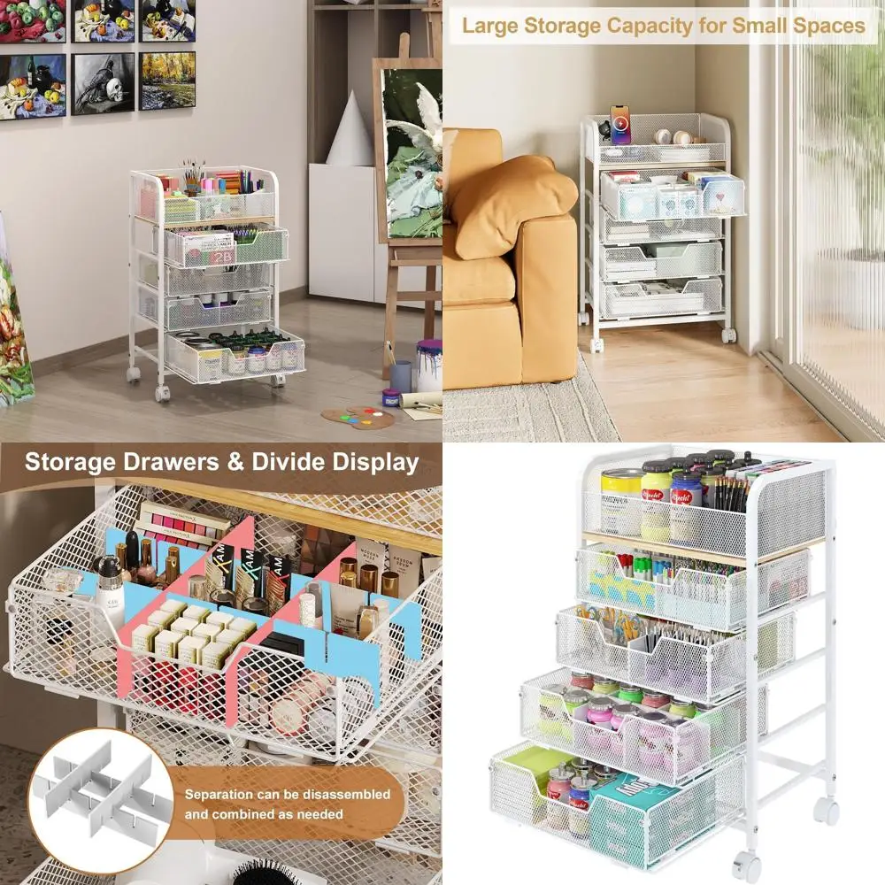 

5-Tier Rolling Craft Storage Cart with Lockable Wheels, Drawers, and DIY Dividers - White, Perfect for Studios, Offices, and Bed
