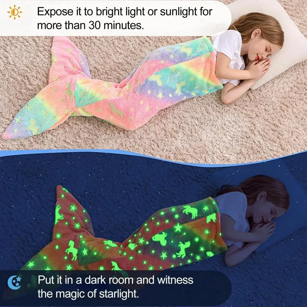 Soft Mermaid Tail Blanket Wear Resistant Friendly to Skin Luminous Breathable Design Plush Flannel Fleece Blanket Toddler