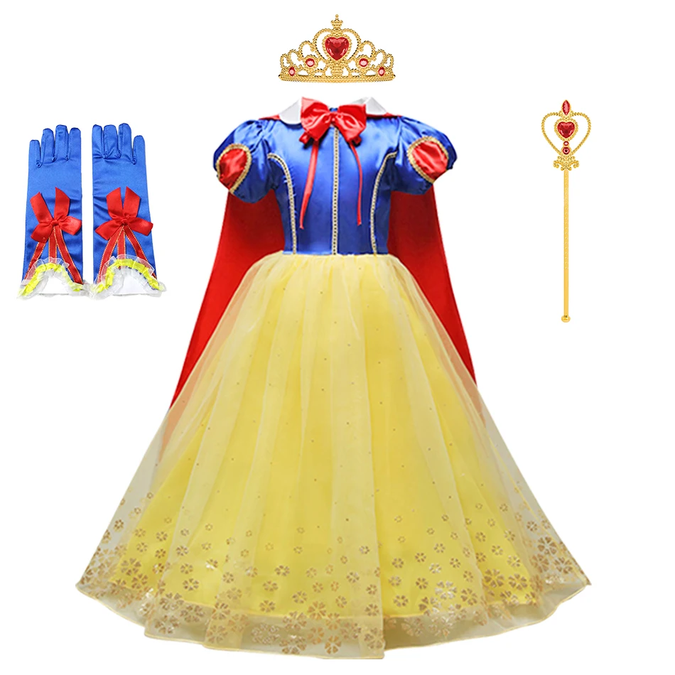 Children Snow White Long Cloak Ball Gown Little Girls Princess Metallic Sequin Pattern Layered Cosplay Dress Up with Accessories