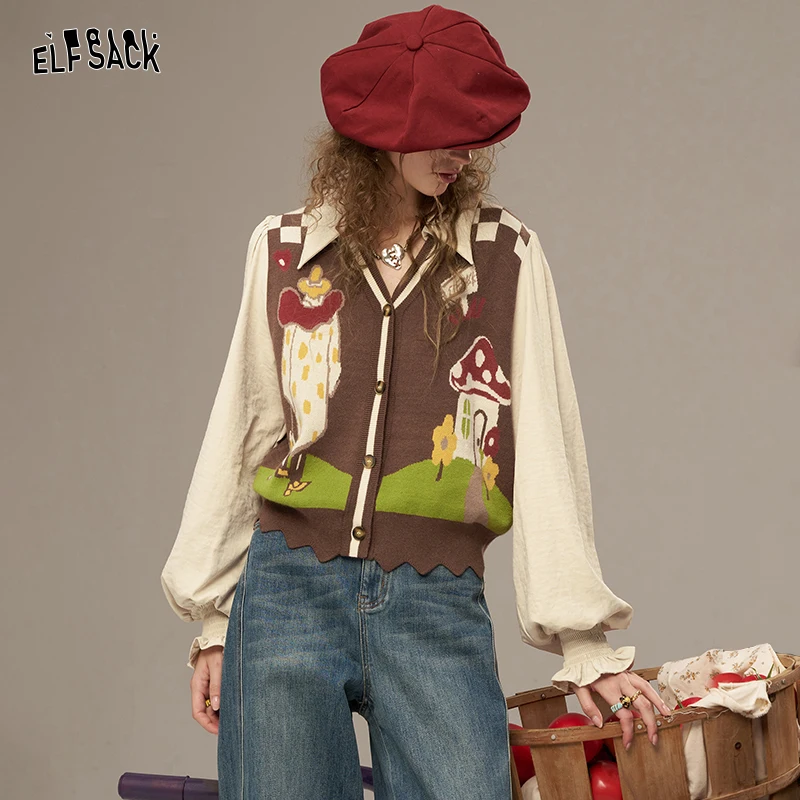 ELFSACK 2025 Autumn New Arrivals Casual Shoulder Plaid Pattern Irregular Hem Lantern Sleeves Knit Sweater For Woman