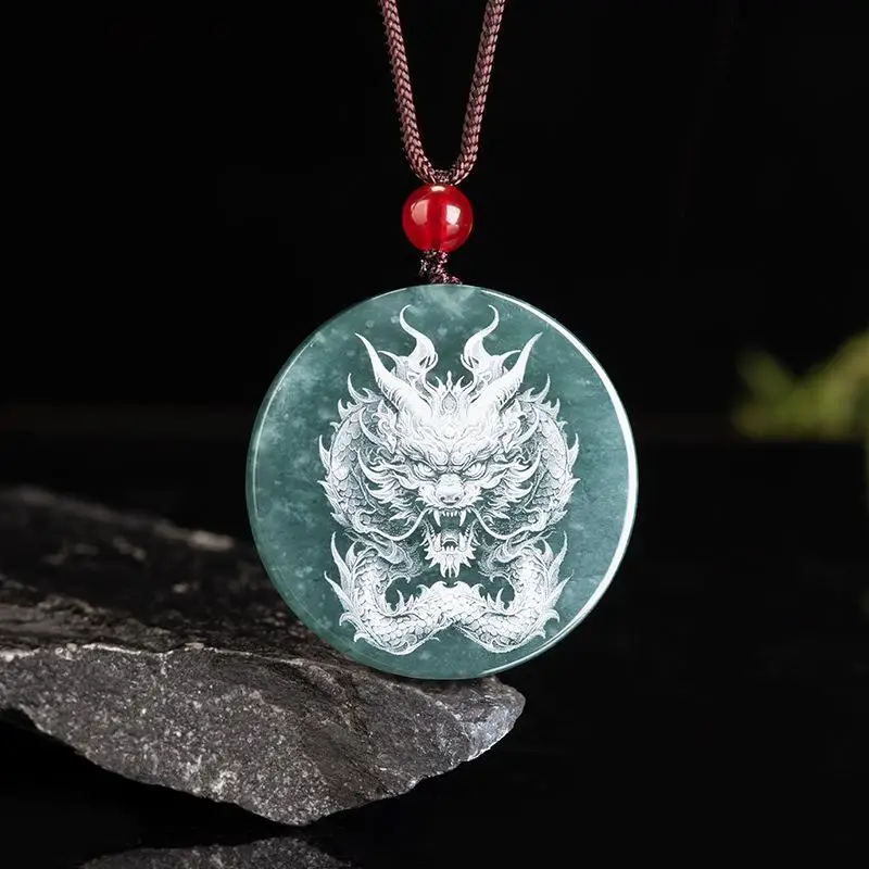 Natural Jadeite Blue Water Shadow Carving Guanyin Buddha Dragon Ice Pendant  Exquisite Luxury Men's and Women's Necklace Mascot