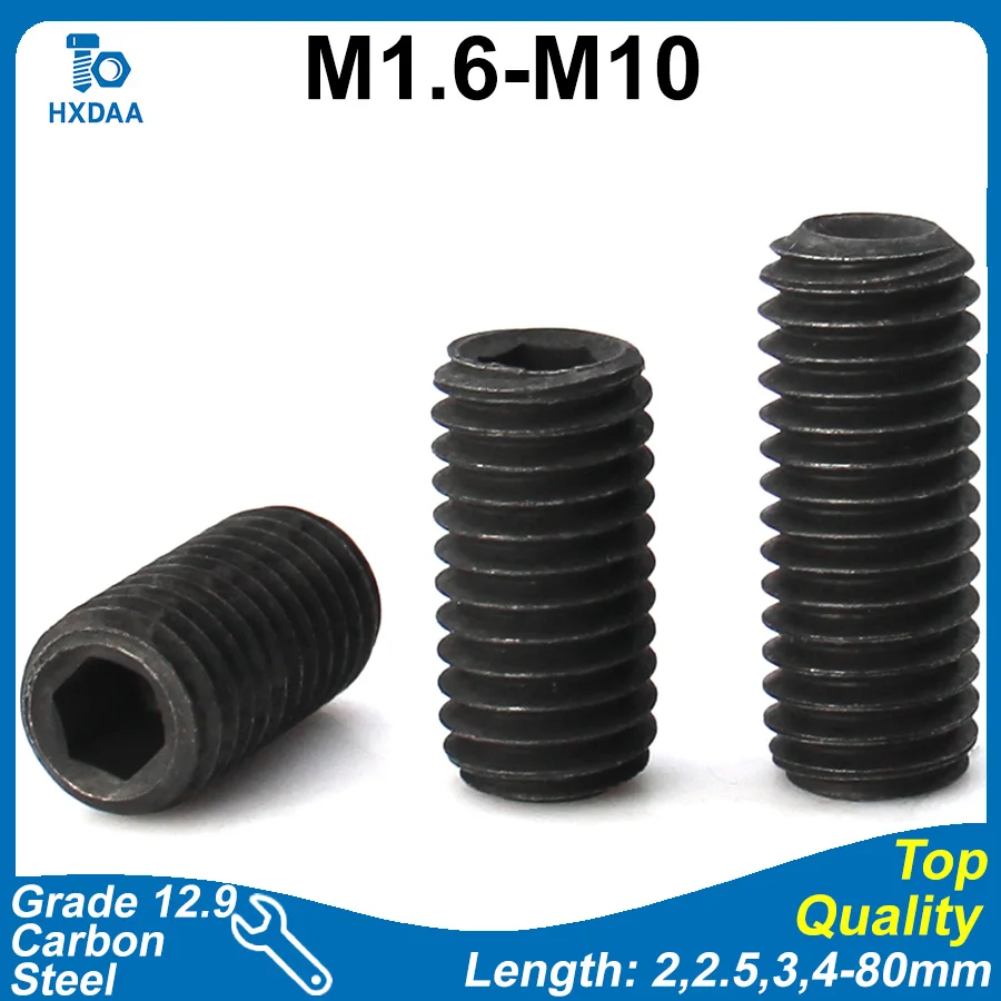 5-20pcs M1.6 M2 M2.5 M3 M4 M5 M6 M8 M10 Grade 12.9 Carbon Steel Hex Socket Set Screw DIN916  Black Concave Point Grub Screws