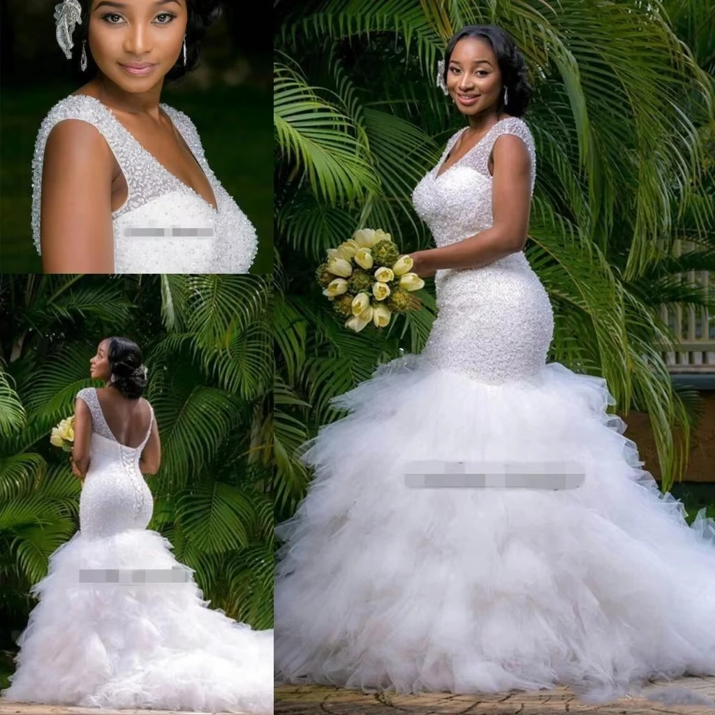 

Customize Shinny Full Sequins Beads Wedding Dress Chapel Train Long Sleeve Backless Tiers Tulle Garden African Bridal Gown