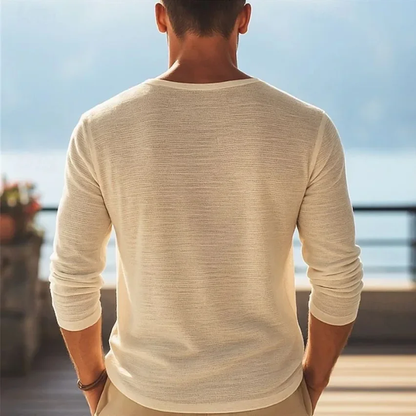Herren-T-Shirt mit tiefem V-Ausschnitt und langen Ärmeln, locker geschnitten, einfarbig, ideal für den Alltag, das Büro, den Strand, den Urlaub und Freizeitaktivitäten im Freien. – Detail 3