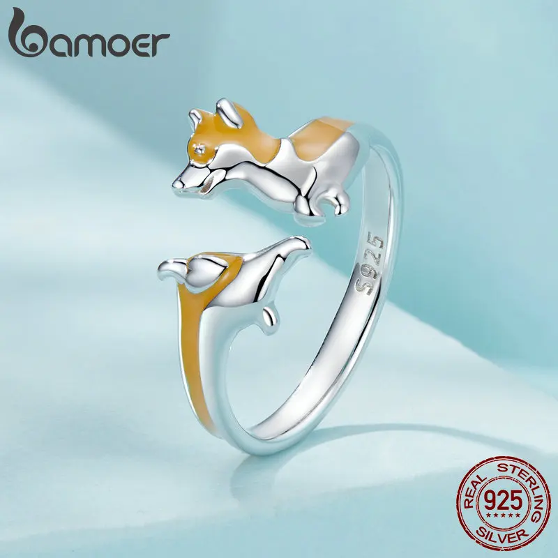 Bamoer 925 Sterling Silver Cute Corgi Adjustable Ring Delicate Enamel Finger Ring for Women Girl Party Jewelry Gift