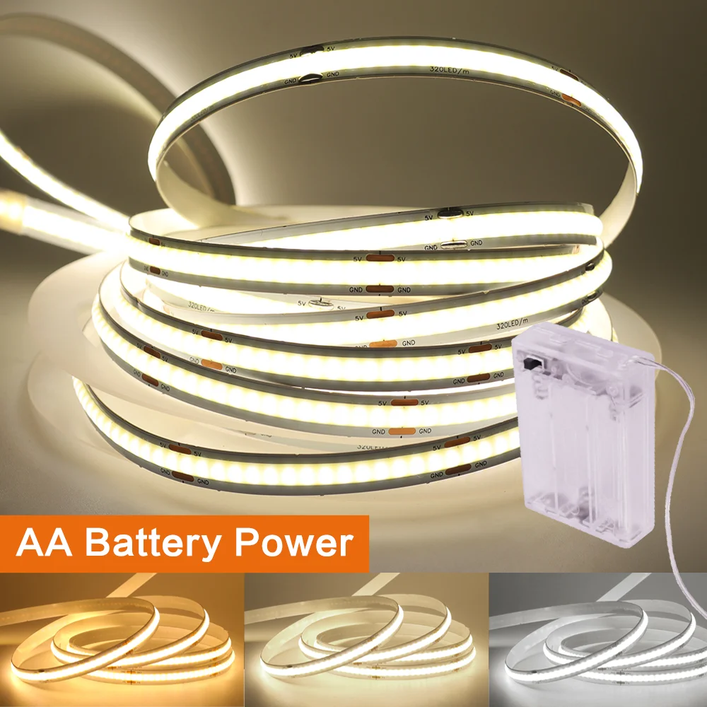 8MM COB LED Strip DC5V 320LEDs/M Flexible Ribbon LED Tape 3AA Battery Powered 3000K 4000K 6000K FOB LED Lights Room TV Backlight