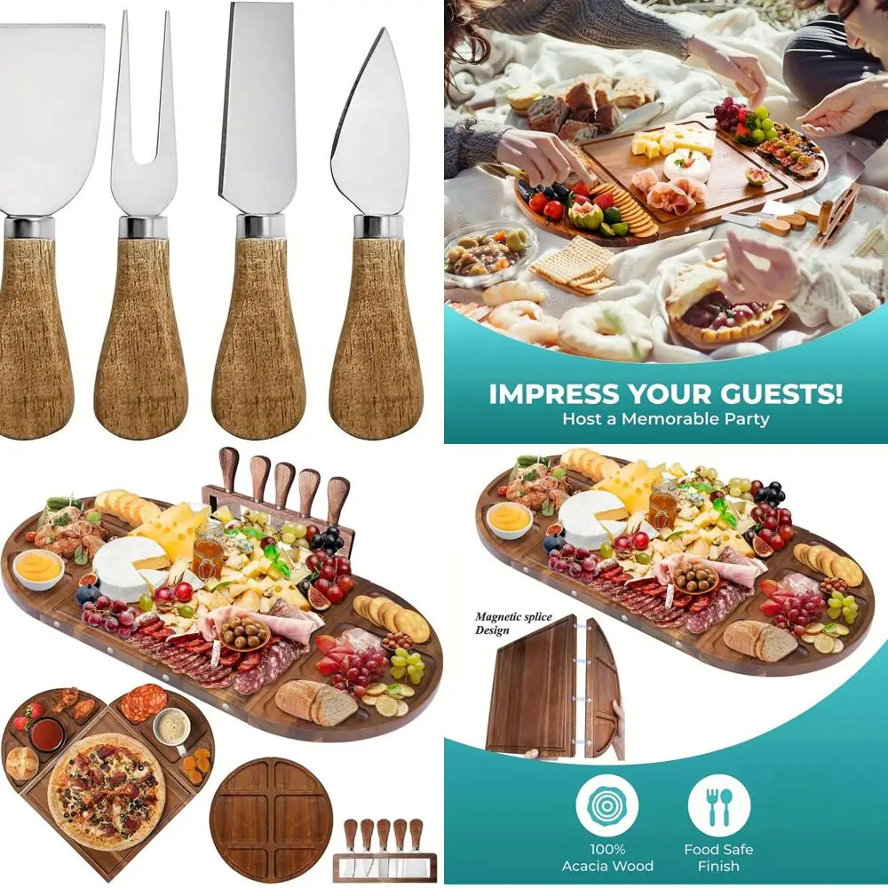 

3-Piece Magnetic Acacia Wood Charcuterie Set with 5 Cheese Knives, Ideal for Wedding and Housewarming Gifts