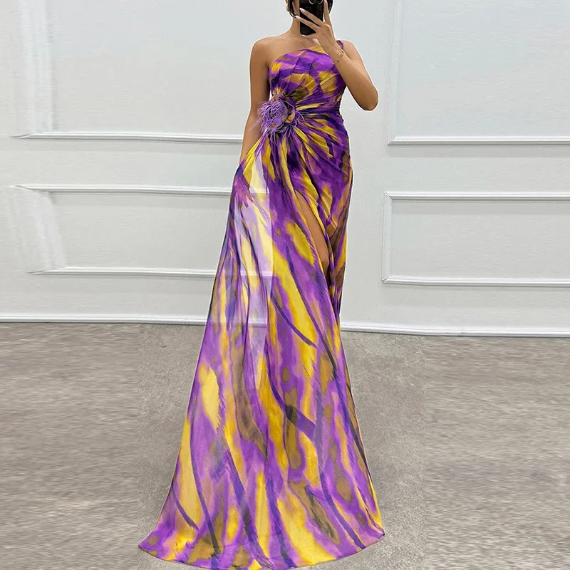 

LIBIELIY Elegant Floral Print Hight Waist Long Party Dress Fashion Split Women Evening Dress Sexy Diagonal Collar Pleated Chiff