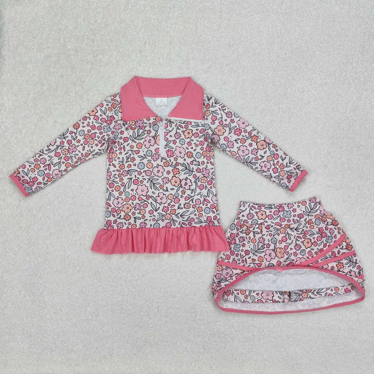 Wholesale Toddler Baby Girl Outfit Clothing Infant Long Sleeves Floral Zipper Shirt Skorts Shorts Ruffle Skirt Children Kids Set