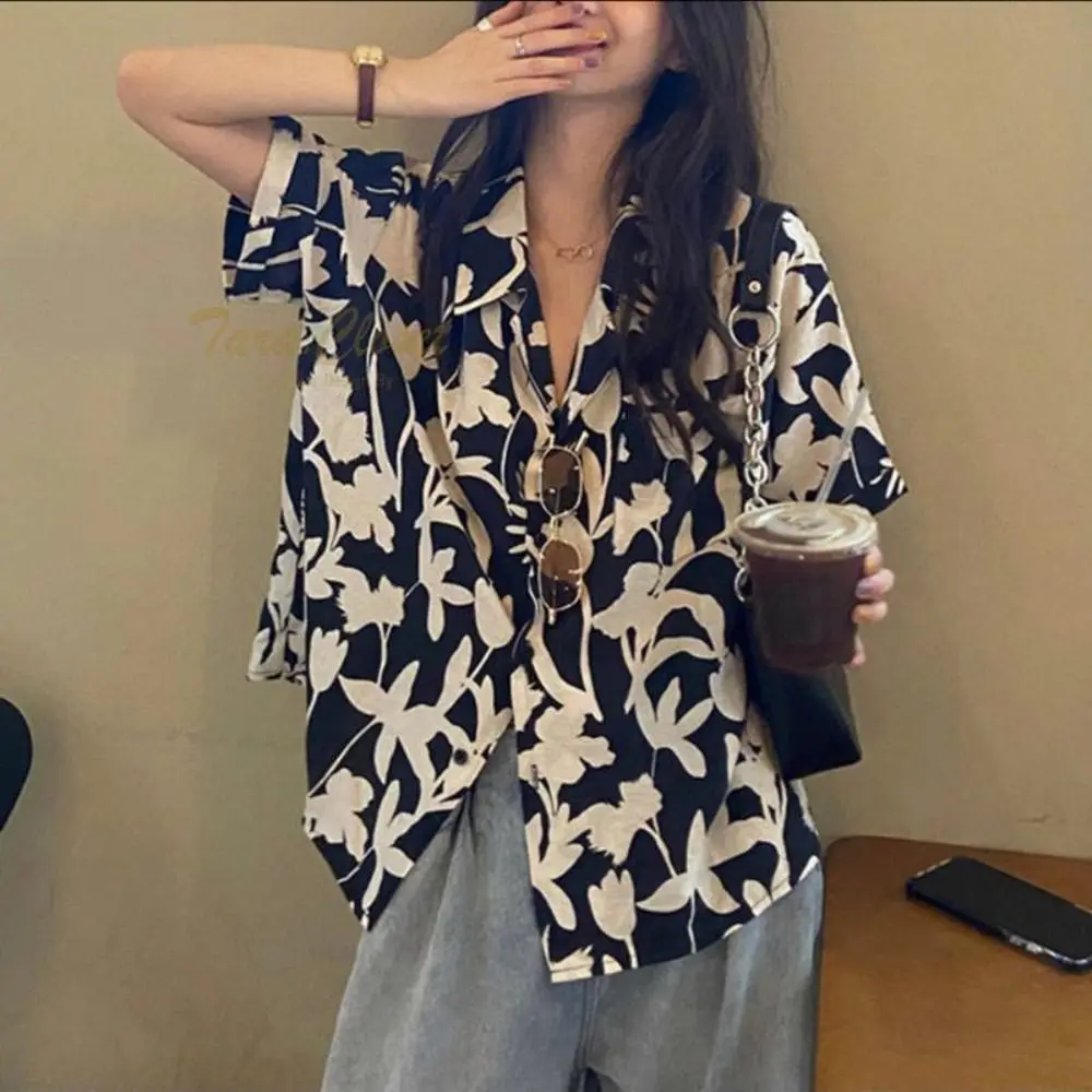 Turn-down Collar Flower Blouse Classic Button Up Vacation Hawaii Shirt Spring Summer Half Sleeve Shirt Travel