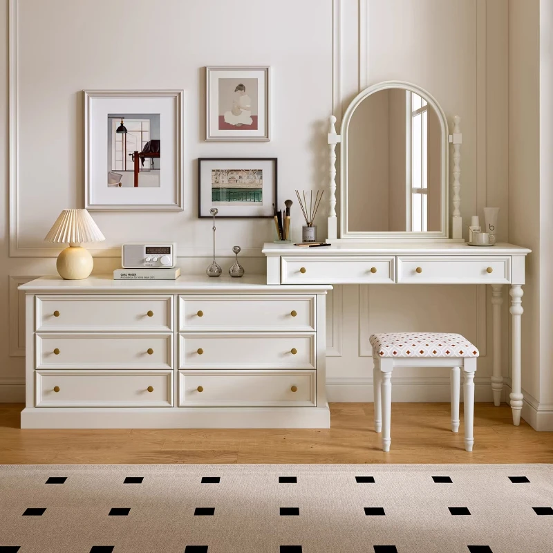 Makeup Vanity Table Mirror Stool Corner L-shape Six Cabinet Storage Dressing Table Home Nordic French Wooden Bedroom Furniture