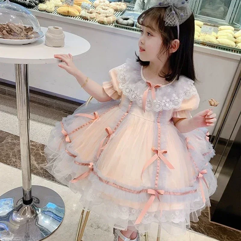 Girls Party Dress Summer Pink Elegant Princess Dress Kids Bow Lace Birthday Party Clothes 1-8 Years Lolita Pompon Dress
