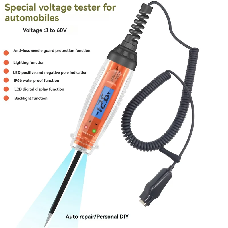 자동차 테스트 라이트 3-60V DC 디지털 라이트 테스터(전압계 포함) LCD 백라이트가 있는 자동 회로 테스터