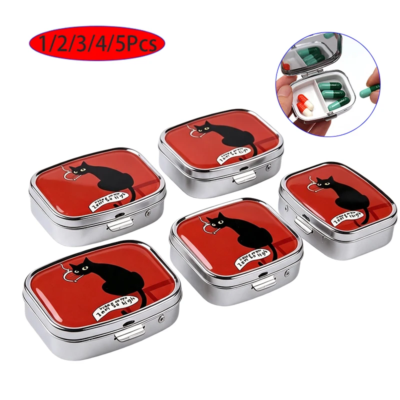 1/2/3/4/5Pcs Funny Black Cat Portable Pill Box 2 Grid Metal Mini Medicine Case Pill Organizer Small Travel Medicine Box