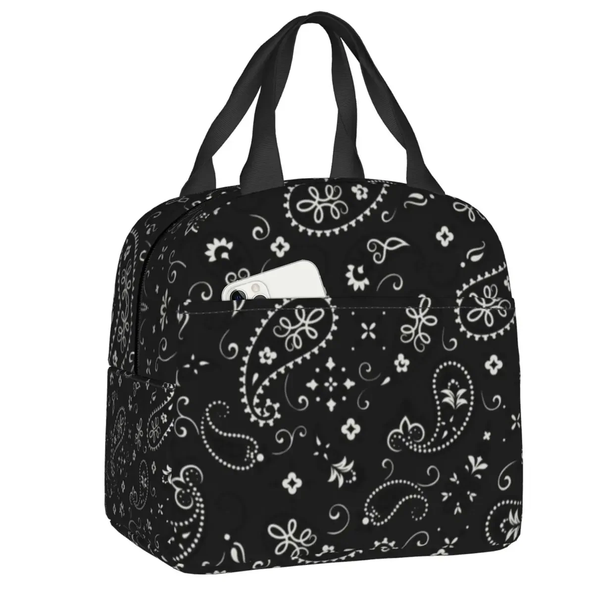 

Black Bandana Portable Lunch Boxes Leakproof Paisley Western Cowboy Outlaw Cooler Thermal Food Insulated Lunch Bag Office Work