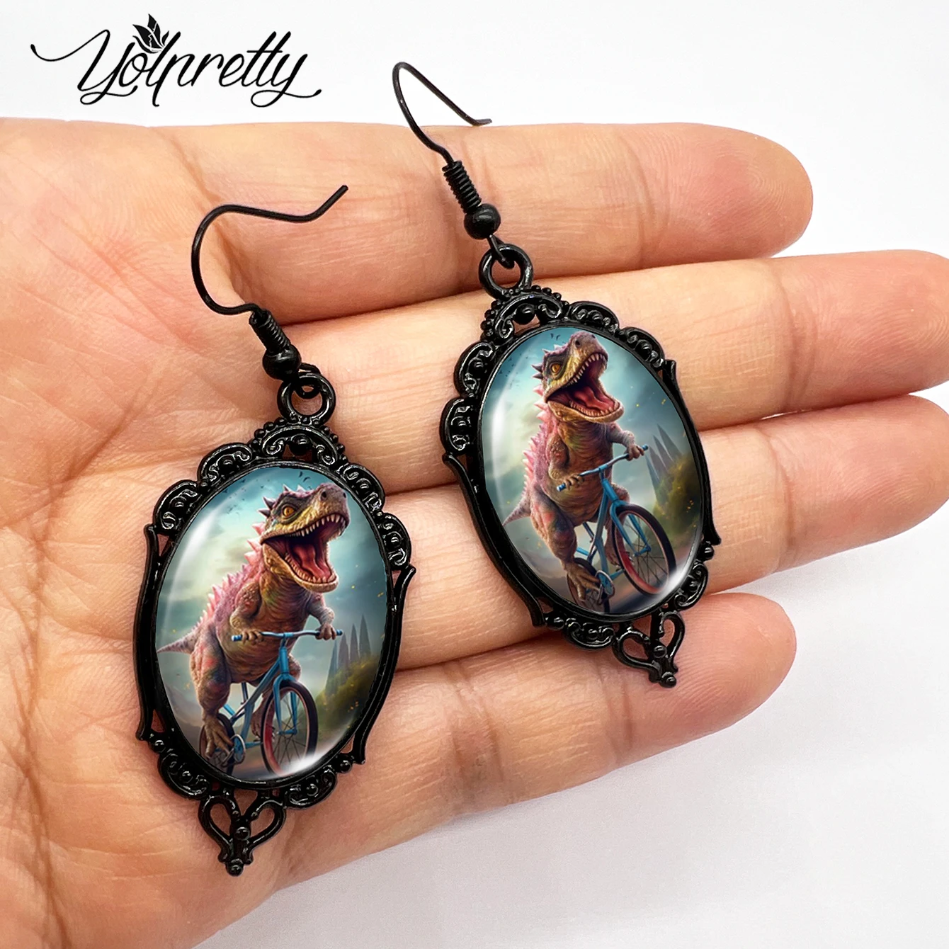 New Funny Dinosaur Riding Bike Picture Oval Glass Cabochon Fish Hook Earrings Handmade Black Flower Shaped Dangle Earrings