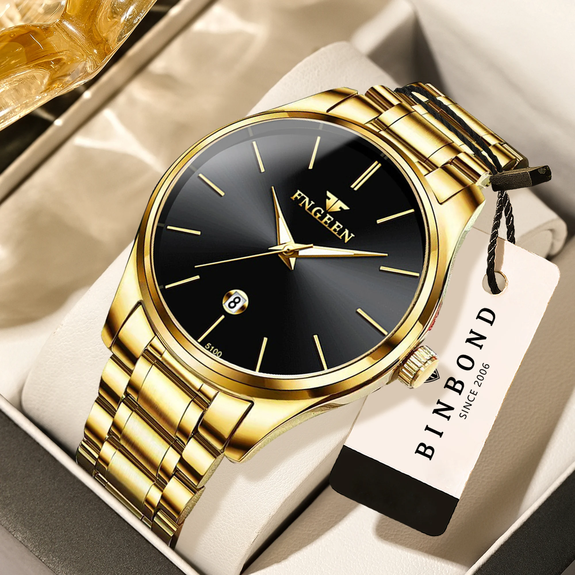 BINBOND Edelstahl Quarzuhren für Herren, luxuriös, leuchtend, wasserdicht, präzise Automatik-Datumsanzeige, Herrenuhr, Casual Reloj