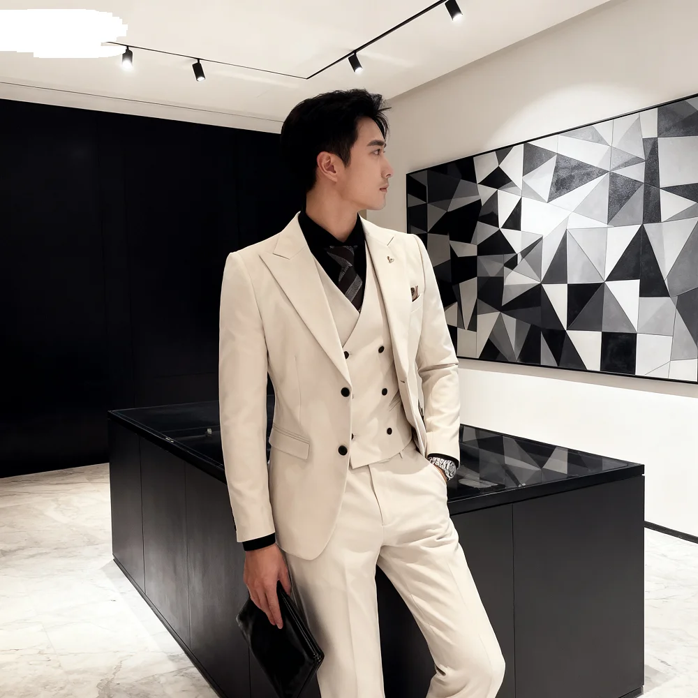 Men's Double Breasted Trench Coat Suit Casual Simple Blazer Vest Pants High Quality Recent Design Matching Set