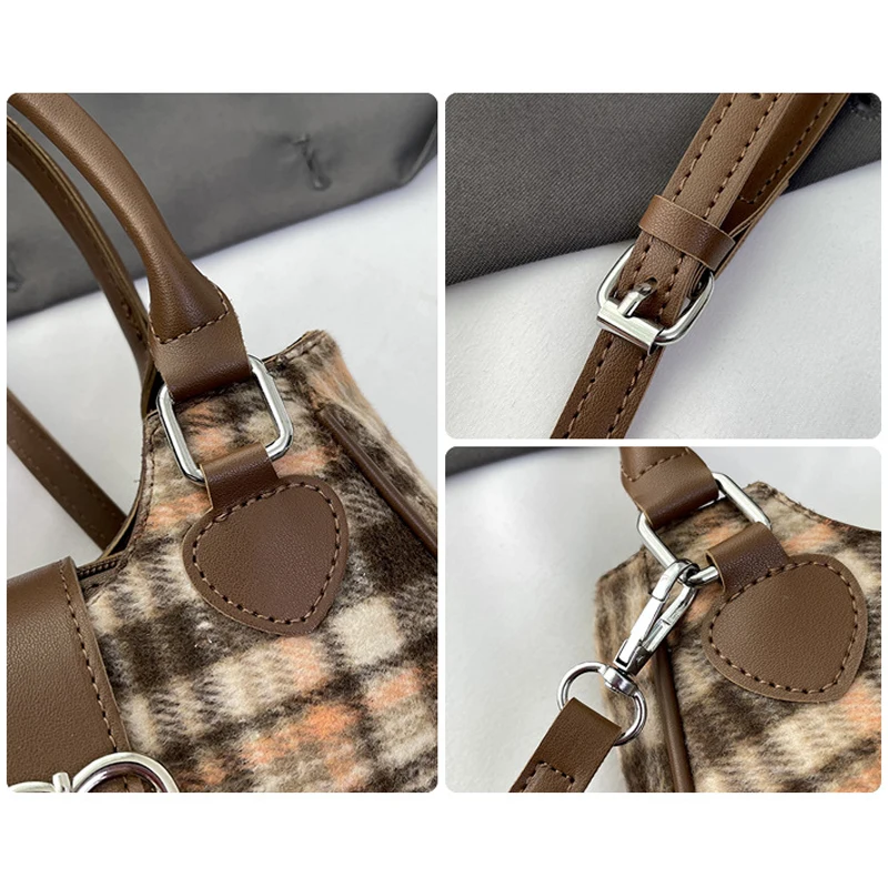 Womens Plaid Handbag Korean Fashion Satchel Sweet Cute Elegant Casual Shoulder Bag Autumn Winter Woolen College Girls Armpit Bag