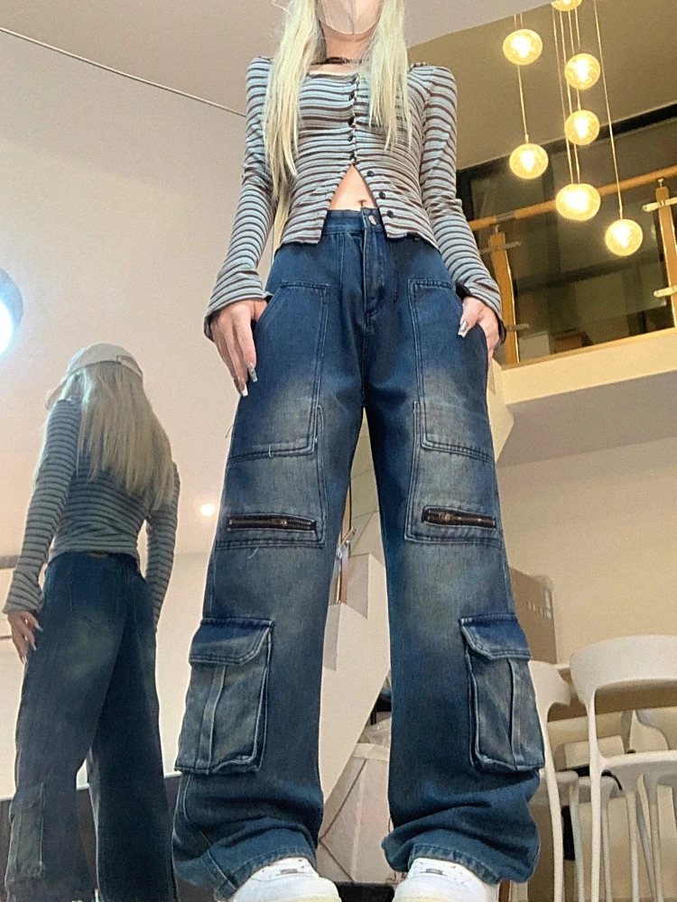 

SONNEESD American style high street Cowboy Pants High Waist Multi pocket Design Denim Loose Trouser Straight Wide Leg Pants