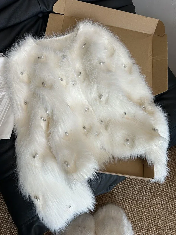 Korean Chic Pearls White Cardigan Sweaters Women Elegant Sweet Faux Mink Cashmere Coats Long Sleeve Fashion Knitted Tops